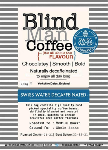 Label for Swiss Water decaffeinated medium roast